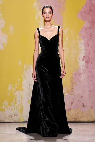 Velvet Spaghetti Straps A-Line Black Evening Dress